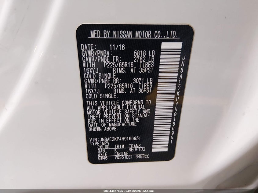 2017 Nissan Quest Sv VIN: JN8AE2KP4H9166951 Lot: 44877625