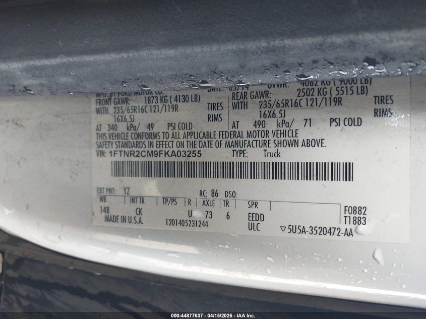 2015 Ford Transit-250 VIN: 1FTNR2CM9FKA03255 Lot: 44877637