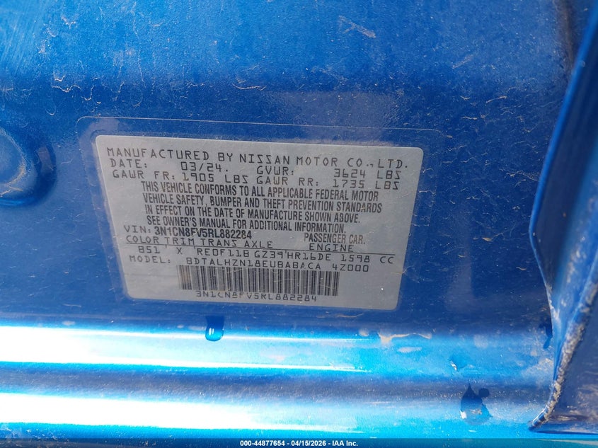 2024 Nissan Versa 1.6 Sr VIN: 3N1CN8FV5RL882284 Lot: 44877654