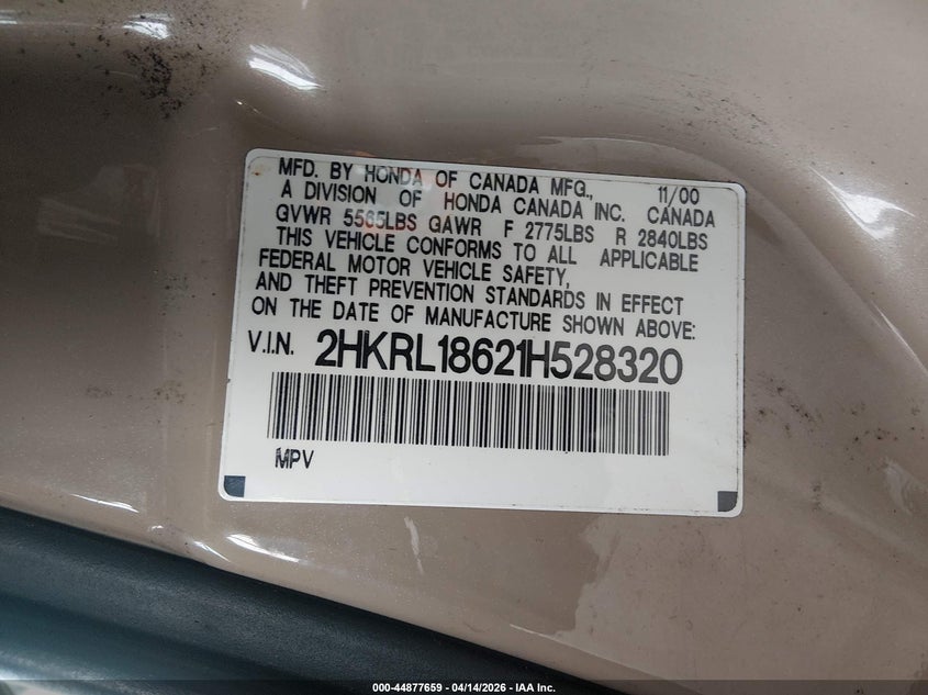 2001 Honda Odyssey Ex VIN: 2HKRL18621H528320 Lot: 44877659