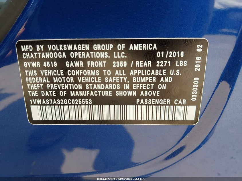 2016 Volkswagen Passat 1.8T S VIN: 1VWAS7A32GC025553 Lot: 44877671