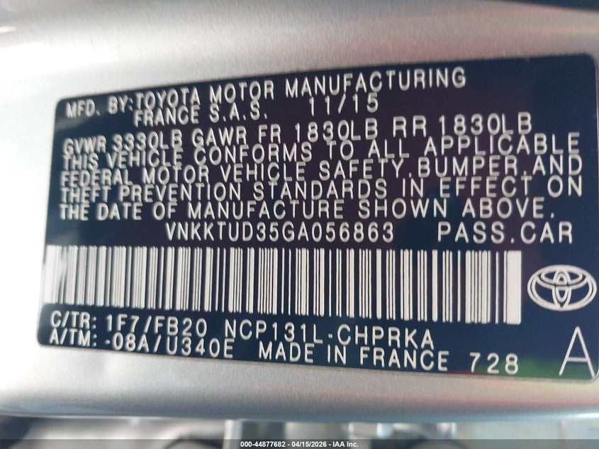 2016 Toyota Yaris Le VIN: VNKKTUD35GA056863 Lot: 44877682