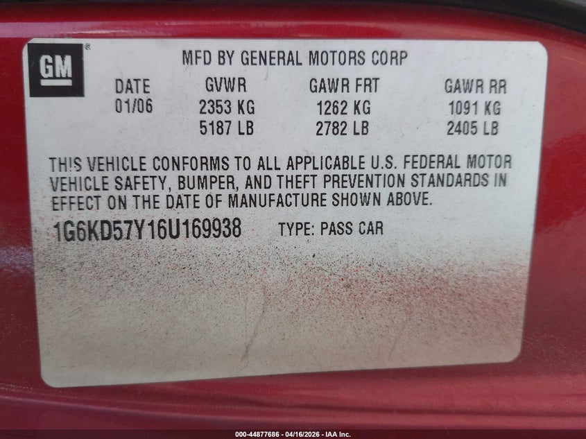 2006 Cadillac Dts Standard VIN: 1G6KD57Y16U169938 Lot: 44877686