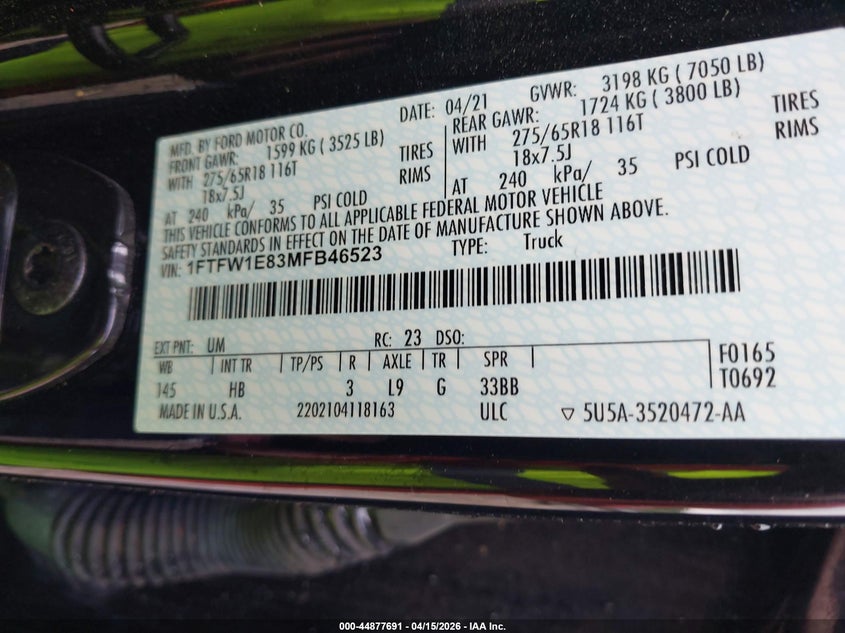 2021 Ford F-150 Lariat VIN: 1FTFW1E83MFB46523 Lot: 44877691