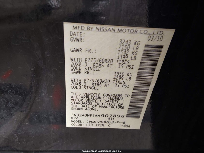 2010 Infiniti Qx56 VIN: 5N3ZA0NF5AN907898 Lot: 44877695