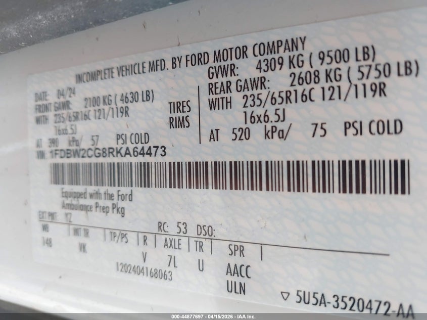 2024 Ford Transit-350 VIN: 1FDBW2CG8RKA64473 Lot: 44877697