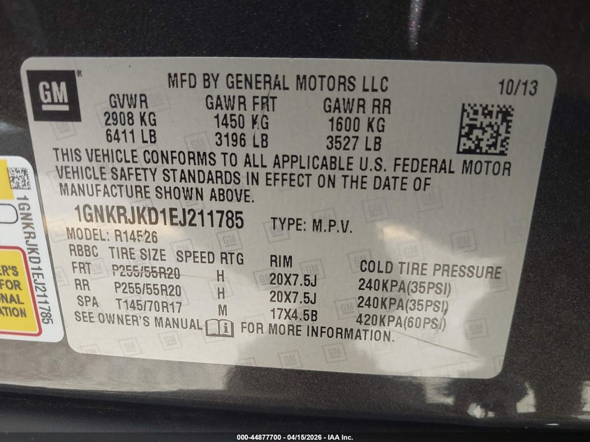 2014 Chevrolet Traverse Ltz VIN: 1GNKRJKD1EJ211785 Lot: 44877700