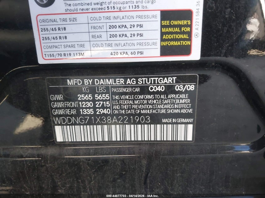 2008 Mercedes-Benz S 550 VIN: WDDNG71X38A221903 Lot: 44877703