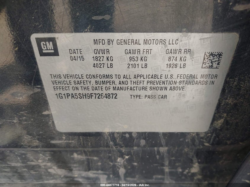 2015 Chevrolet Cruze Ls Auto VIN: 1G1PA5SH9F7264872 Lot: 44877716