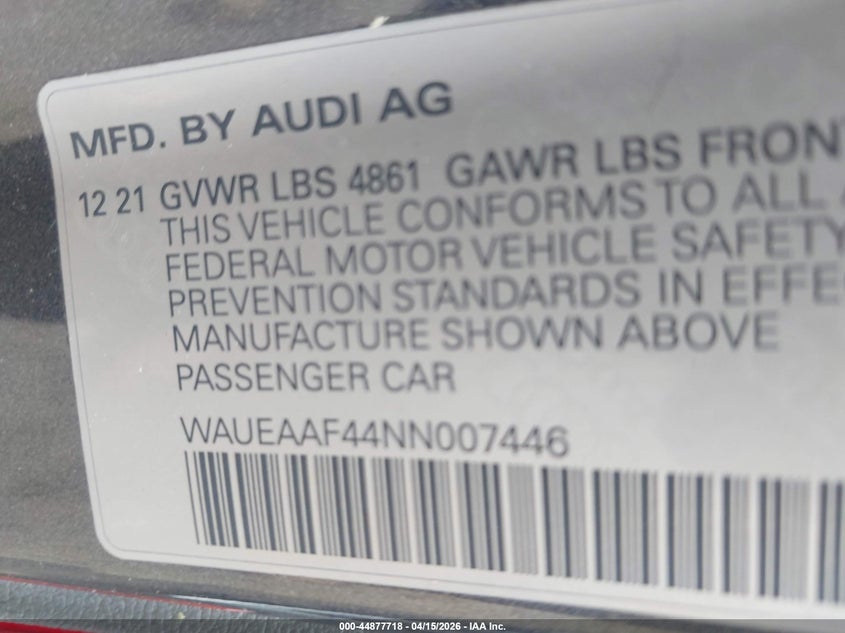 2022 Audi A4 Premium Plus 45 Tfsi S Line Quattro S Tronic VIN: WAUEAAF44NN007446 Lot: 44877718