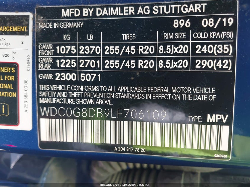 2020 Mercedes-Benz Glc 300 VIN: WDC0G8DB9LF706109 Lot: 44877723