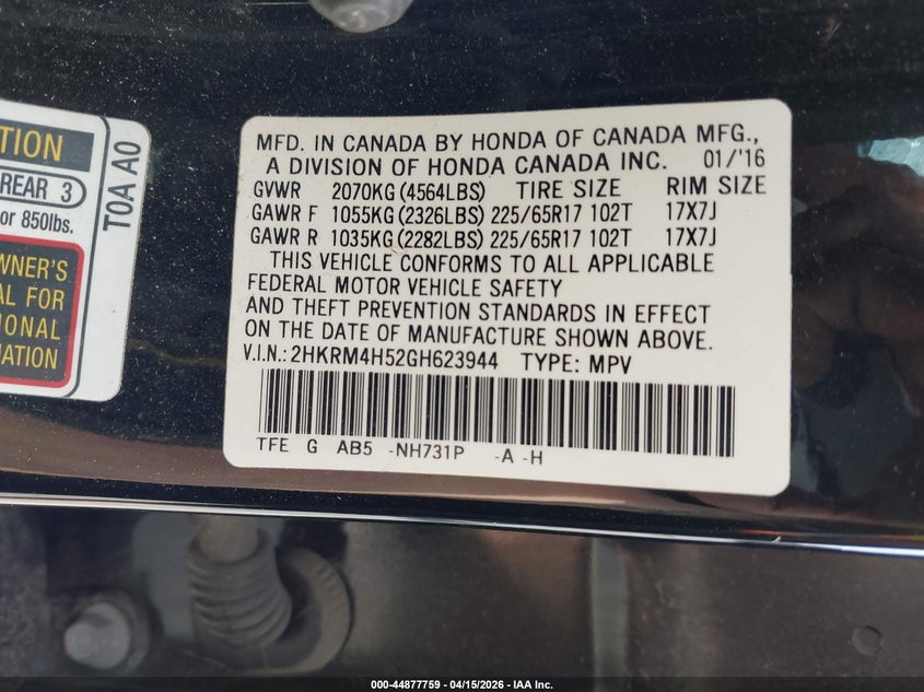 2016 Honda Cr-V Ex VIN: 2HKRM4H52GH623944 Lot: 44877759