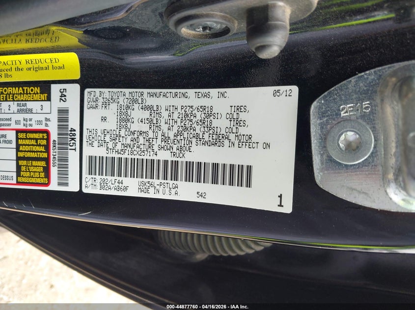 2012 Toyota Tundra Limited 5.7L V8 VIN: 5TFHW5F18CX257174 Lot: 44877760