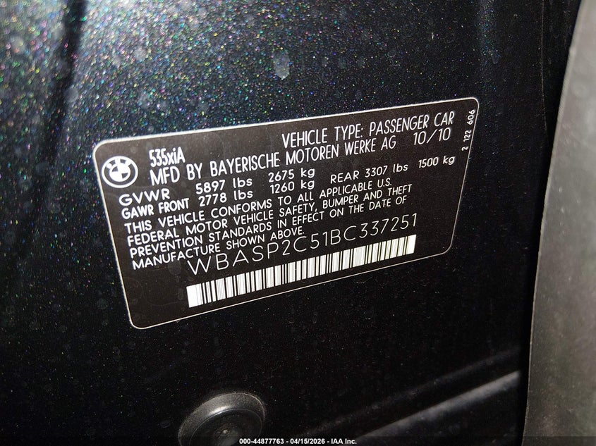 2011 BMW 535I Gran Turismo xDrive VIN: WBASP2C51BC337251 Lot: 44877763