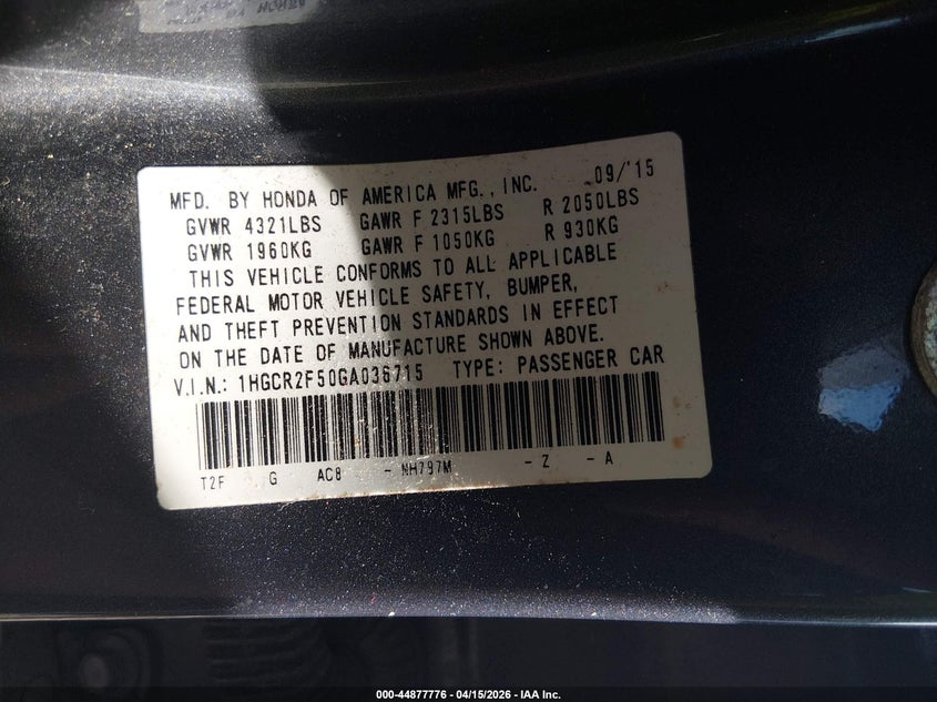 2016 Honda Accord Sport VIN: 1HGCR2F50GA036715 Lot: 44877776