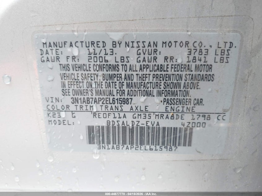 2014 Nissan Sentra Sv VIN: 3N1AB7AP2EL615987 Lot: 44877778