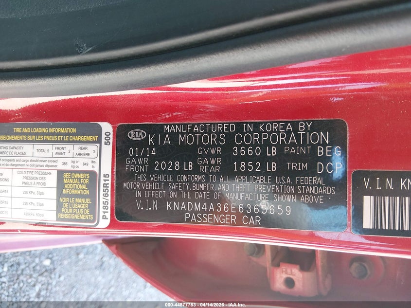 2014 Kia Rio Lx VIN: KNADM4A36E6365659 Lot: 44877783