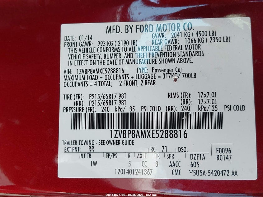 2014 Ford Mustang V6 VIN: 1ZVBP8AMXE5288816 Lot: 44877796