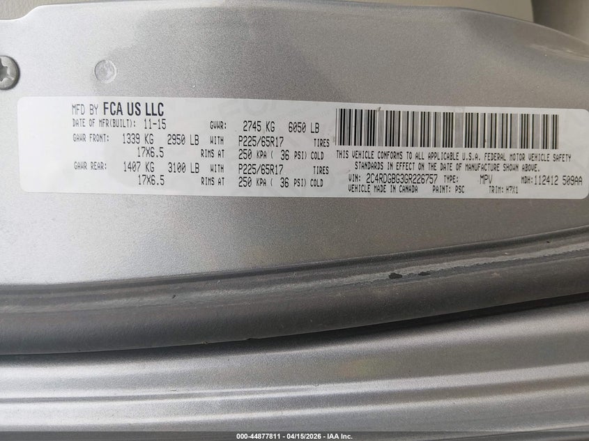 2016 Dodge Grand Caravan American Value Pkg VIN: 2C4RDGBG3GR226757 Lot: 44877811