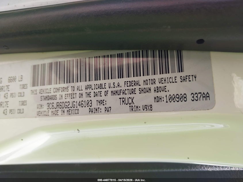 2018 Ram 1500 Tradesman 4X2 8' Box VIN: 3C6JR6DG2JG146103 Lot: 44877815