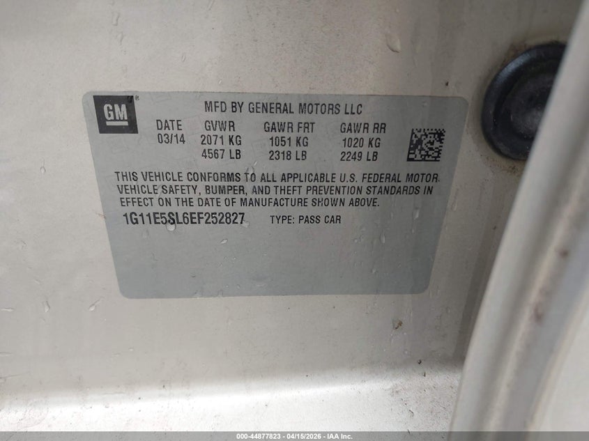2014 Chevrolet Malibu 2Lt VIN: 1G11E5SL6EF252827 Lot: 44877823