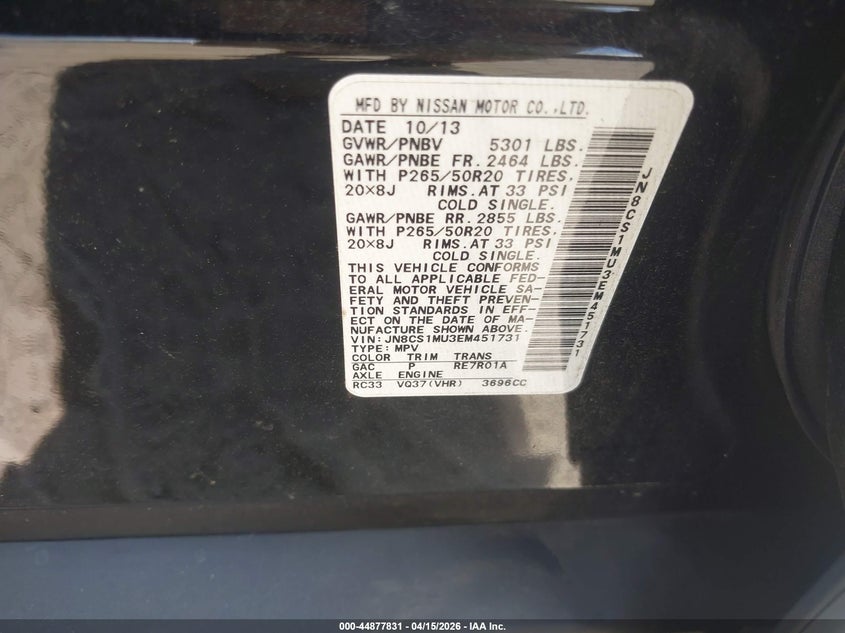 2014 Infiniti Qx70 VIN: JN8CS1MU3EM451731 Lot: 44877831