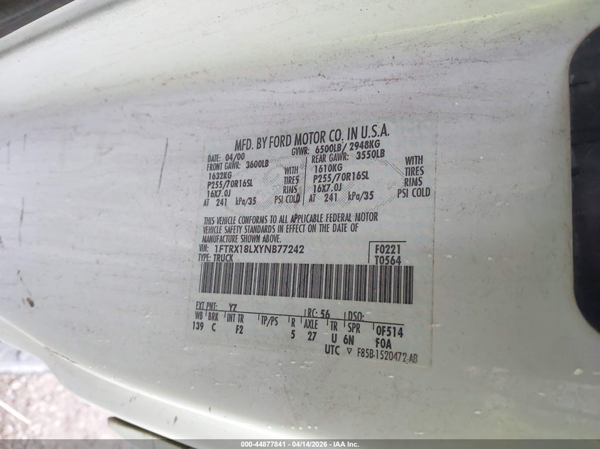 2000 Ford F-150 Lariat/Work Series/Xl/Xlt VIN: 1FTRX18LXYNB77242 Lot: 44877841