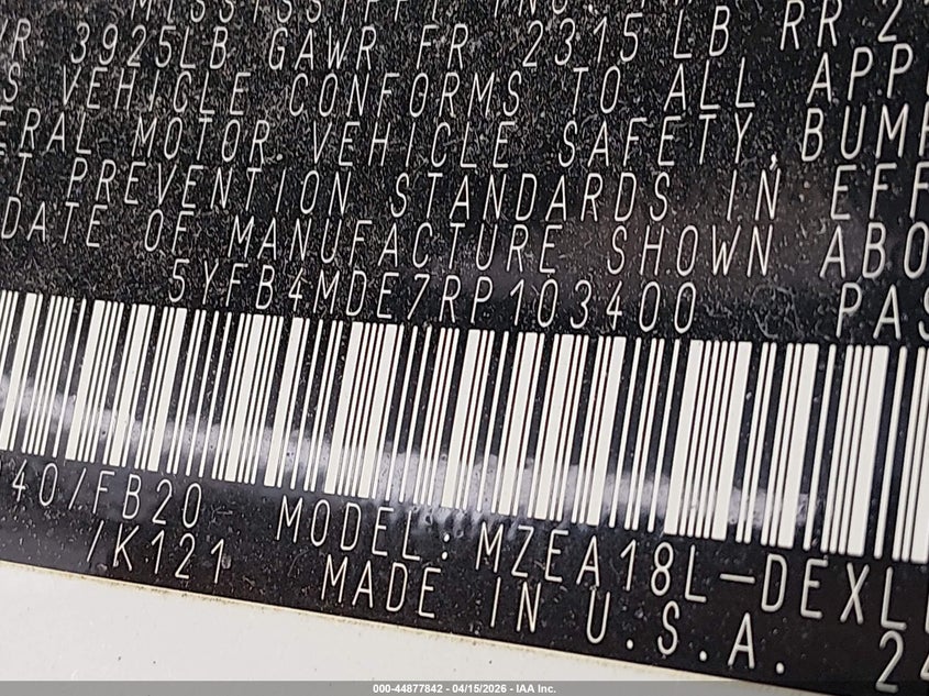 2024 Toyota Corolla Le VIN: 5YFB4MDE7RP103400 Lot: 44877842