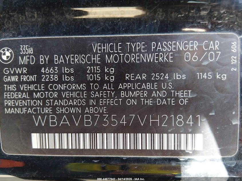 2007 BMW 335I VIN: WBAVB73547VH21841 Lot: 44877843