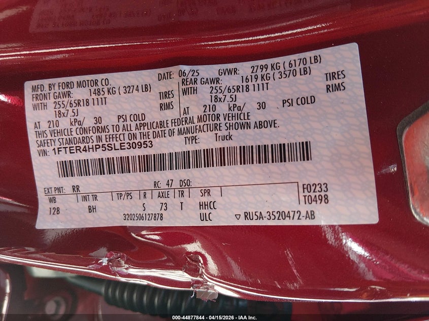 2025 Ford Ranger Xlt VIN: 1FTER4HP5SLE30953 Lot: 44877844