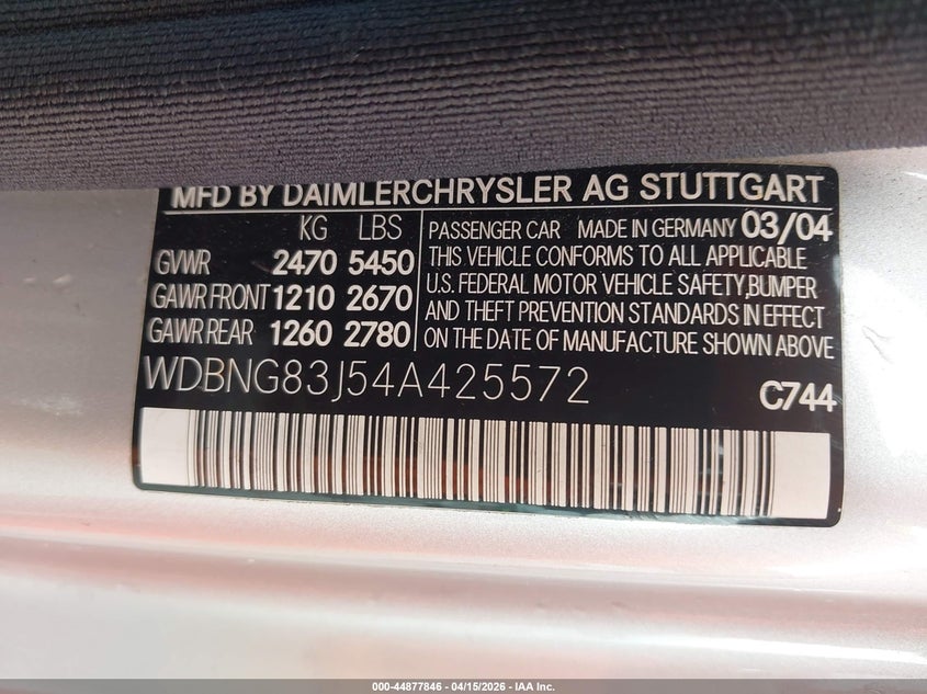 2004 Mercedes-Benz S 430 4Matic VIN: WDBNG83J54A425572 Lot: 44877846