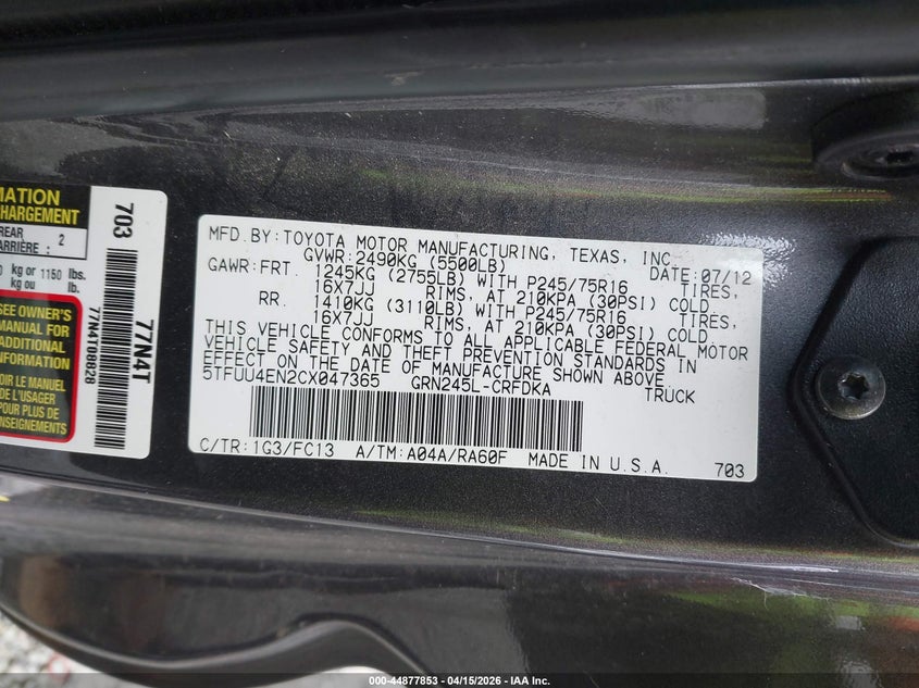 2012 Toyota Tacoma Base V6 VIN: 5TFUU4EN2CX047365 Lot: 44877853
