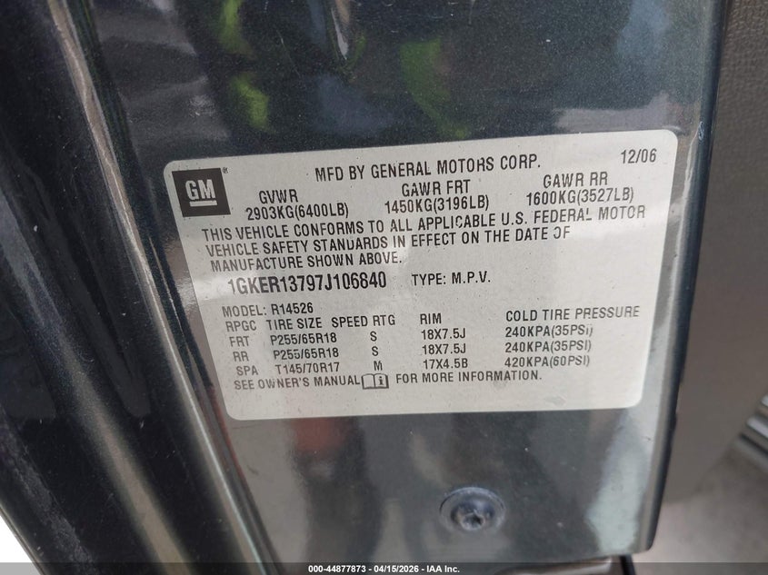 2007 GMC Acadia Sle-1 VIN: 1GKER13797J106840 Lot: 44877873