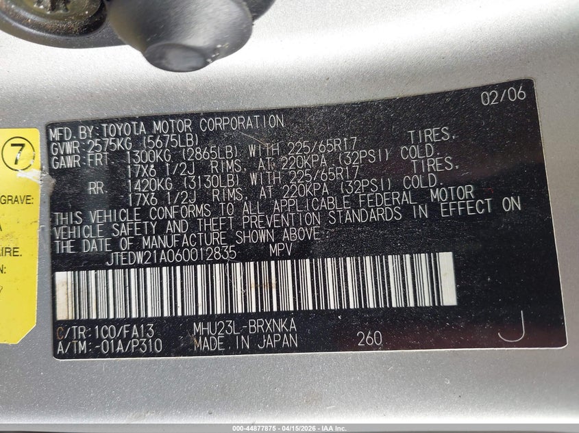 2006 Toyota Highlander Hybrid V6 VIN: JTEDW21A060012835 Lot: 44877875