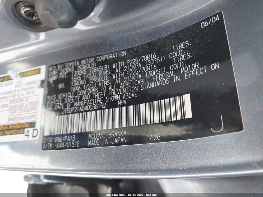 2004 Toyota Highlander V6 VIN: JTEDP21A040038152 Lot: 44877880