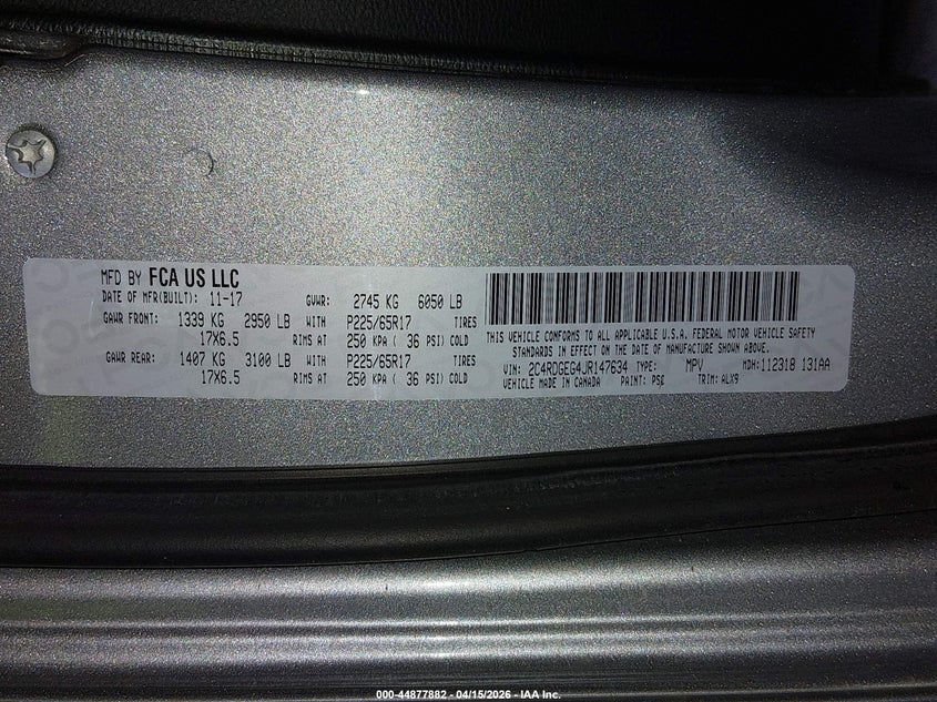 2018 Dodge Grand Caravan Gt VIN: 2C4RDGEG4JR147634 Lot: 44877882