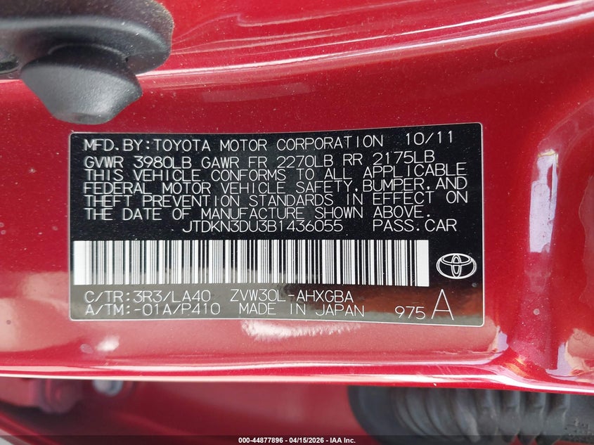 2011 Toyota Prius Four VIN: JTDKN3DU3B1436055 Lot: 44877896