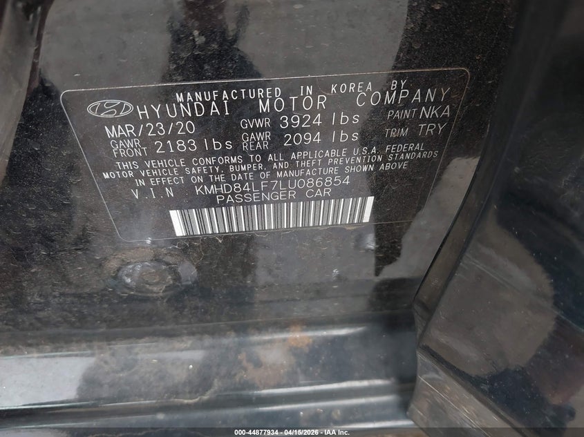 2020 Hyundai Elantra Sel VIN: KMHD84LF7LU086854 Lot: 44877934