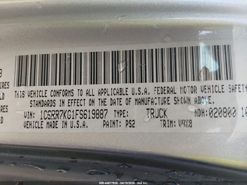 2015 Ram 1500 Express VIN: 1C6RR7KG1FS619887 Lot: 44877938