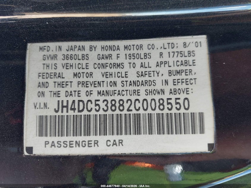 2002 Acura Rsx VIN: JH4DC53882C008550 Lot: 44877940