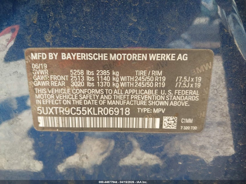 2019 BMW X3 xDrive30I VIN: 5UXTR9C55KLR06918 Lot: 44877944
