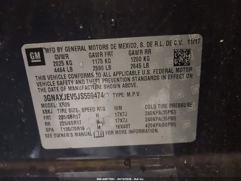 2018 Chevrolet Equinox Lt VIN: 3GNAXJEV5JS559474 Lot: 44877951