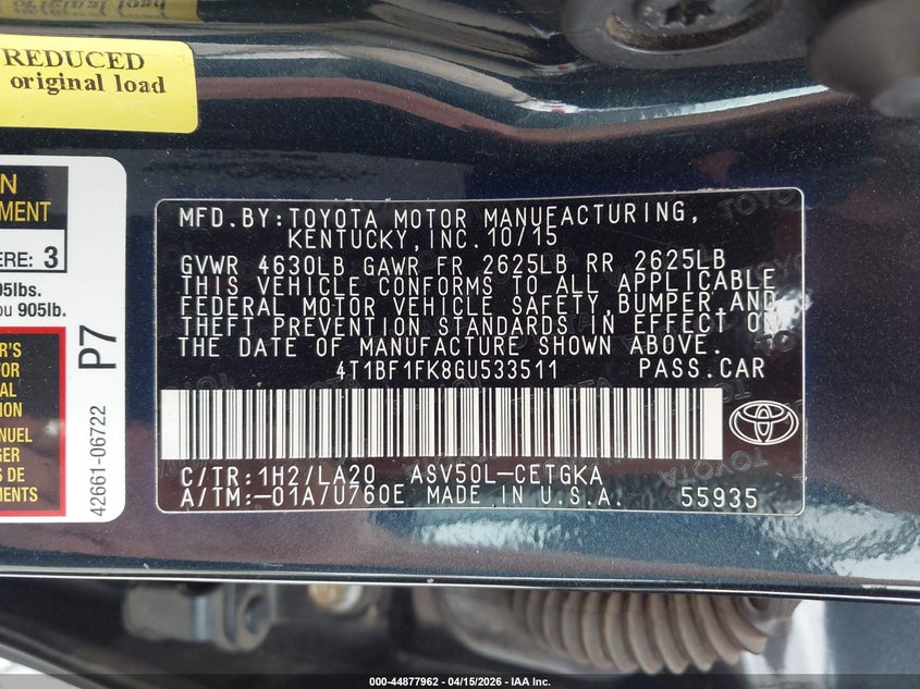 2016 Toyota Camry Xle VIN: 4T1BF1FK8GU533511 Lot: 44877962