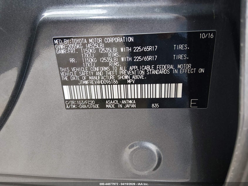 2017 Toyota Rav4 Xle VIN: JTMWFREV4HD096186 Lot: 44877972