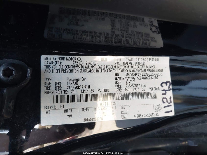 2016 Ford Focus Se VIN: 1FADP3F22GL268263 Lot: 44877973