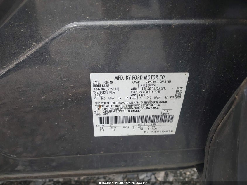 VIN 2FMPK3G93LBB06861 2020 FORD EDGE SE