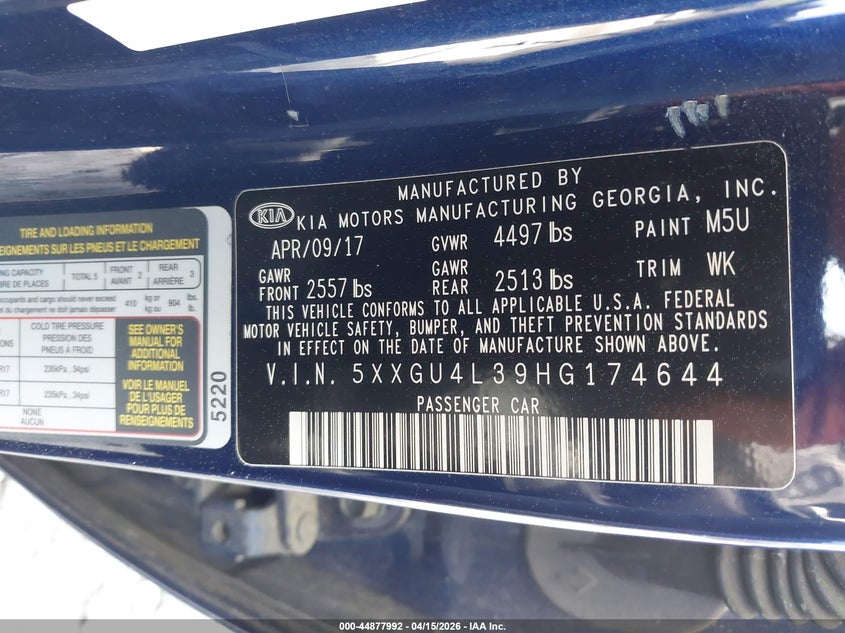 2017 Kia Optima Ex VIN: 5XXGU4L39HG174644 Lot: 44877992