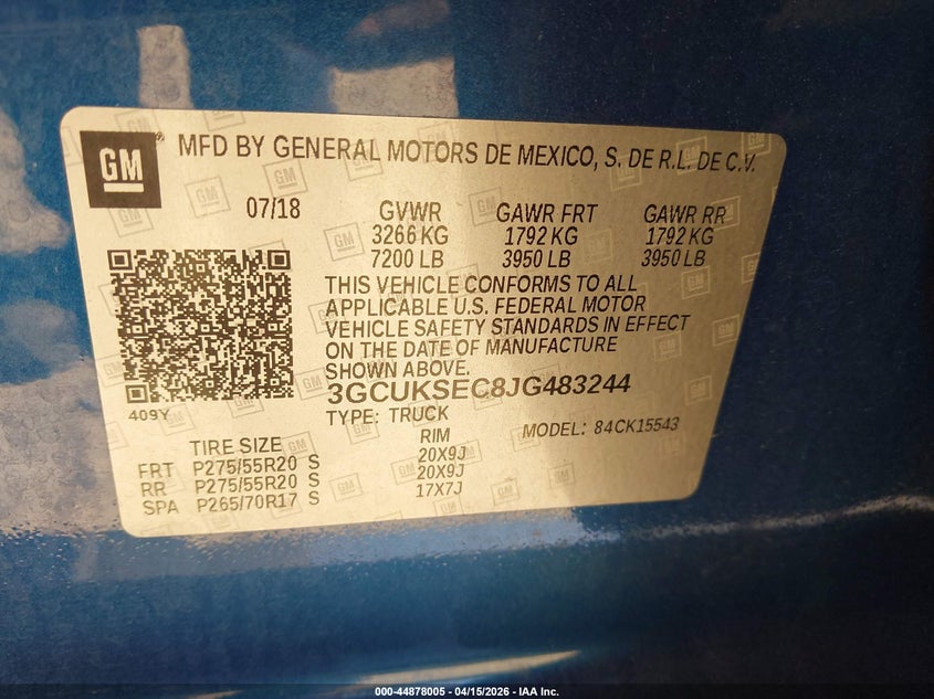 2018 Chevrolet Silverado 1500 2Lz VIN: 3GCUKSEC8JG483244 Lot: 44878005