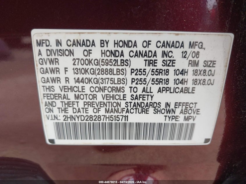 2007 Acura Mdx VIN: 2HNYD28287H515711 Lot: 44878015