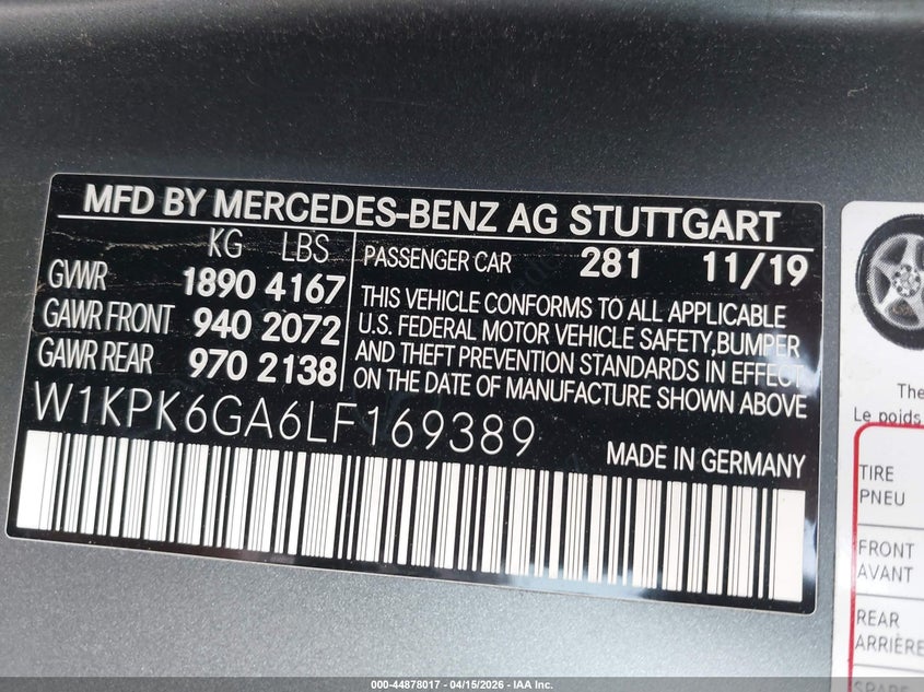 2020 Mercedes-Benz Amg Slc 43 VIN: W1KPK6GA6LF169389 Lot: 44878017